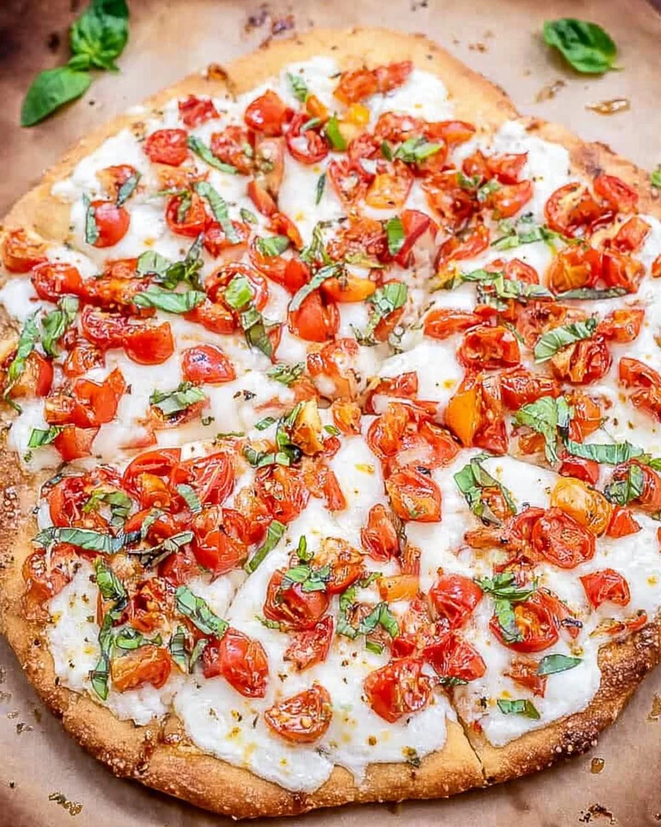 Delicious bruschetta pizza topped with fresh tomatoes, basil, and cheese