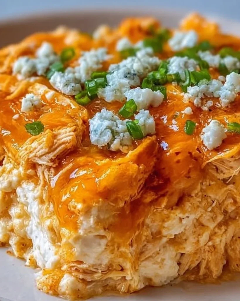 Buffalo chicken casserole topped with cheese and garnished for a hearty meal