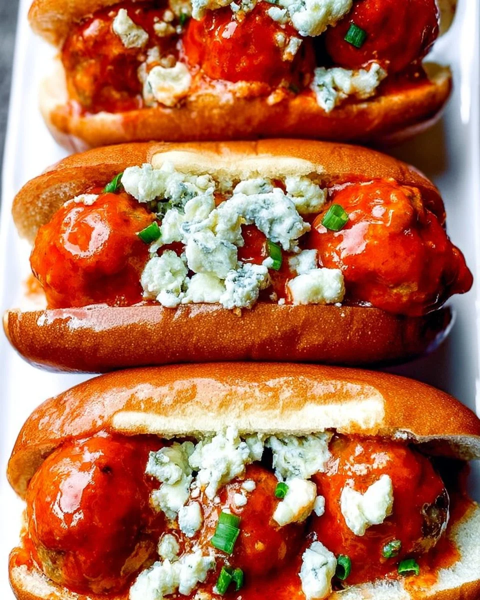 Buffalo chicken meatball sandwich served on a plate with dip and garnish.