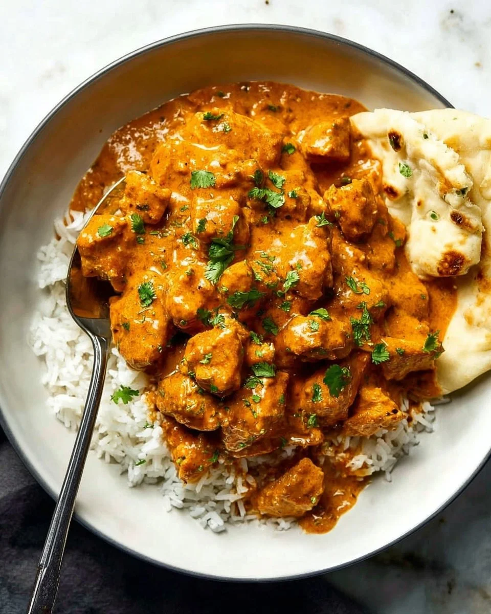 Delicious butter chicken served with rice and naan, showcasing its creamy sauce.