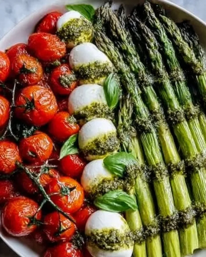 Delicious Caprese Roasted Asparagus dish with tomatoes and mozzarella