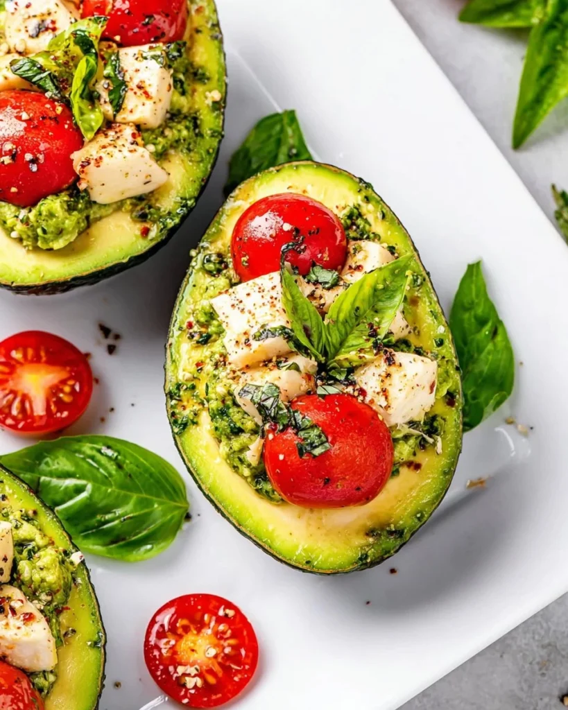 Delicious Caprese stuffed avocados topped with tomatoes and basil