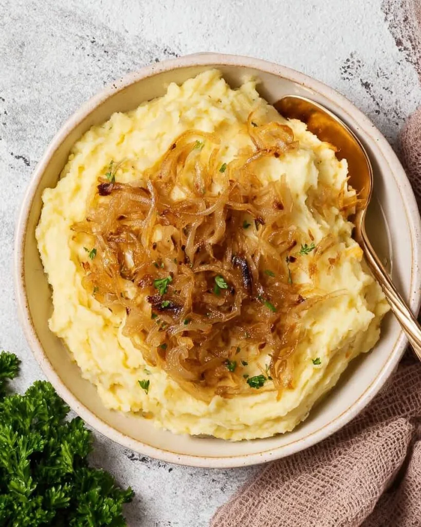 Creamy caramelized onion mashed potatoes topped with golden caramelized onions.