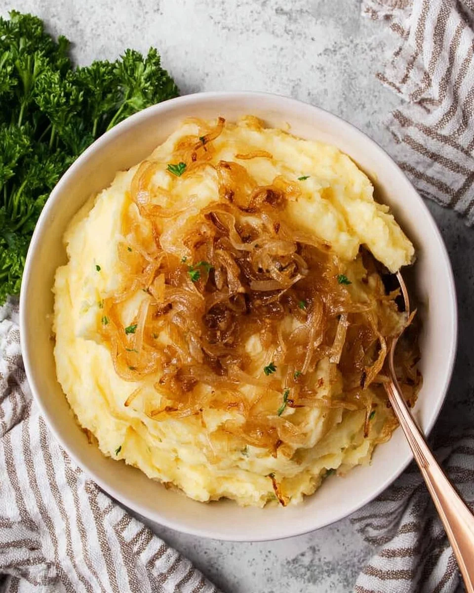 A bowl of creamy caramelized onion mashed potatoes garnished with herbs.