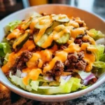 Delicious cheeseburger bowl topped with fresh ingredients and sauces.