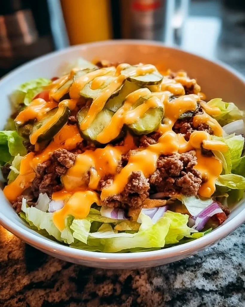 Delicious cheeseburger bowl topped with fresh ingredients and sauces.