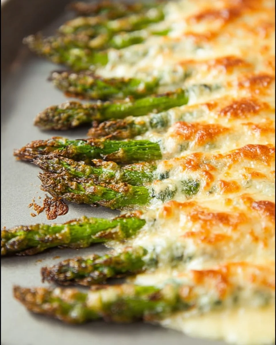 Plate of cheesy baked asparagus topped with melted cheese and herbs
