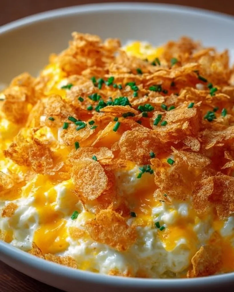 Baked cheesy funeral potatoes, creamy and crispy comfort food dish