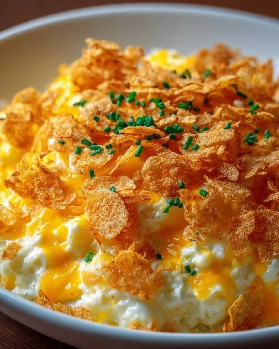 Baked cheesy funeral potatoes, creamy and crispy comfort food dish
