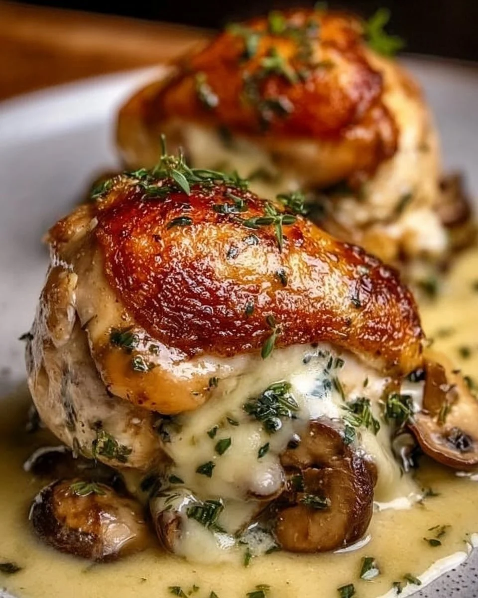 Cheesy garlic butter mushroom stuffed chicken served on a plate