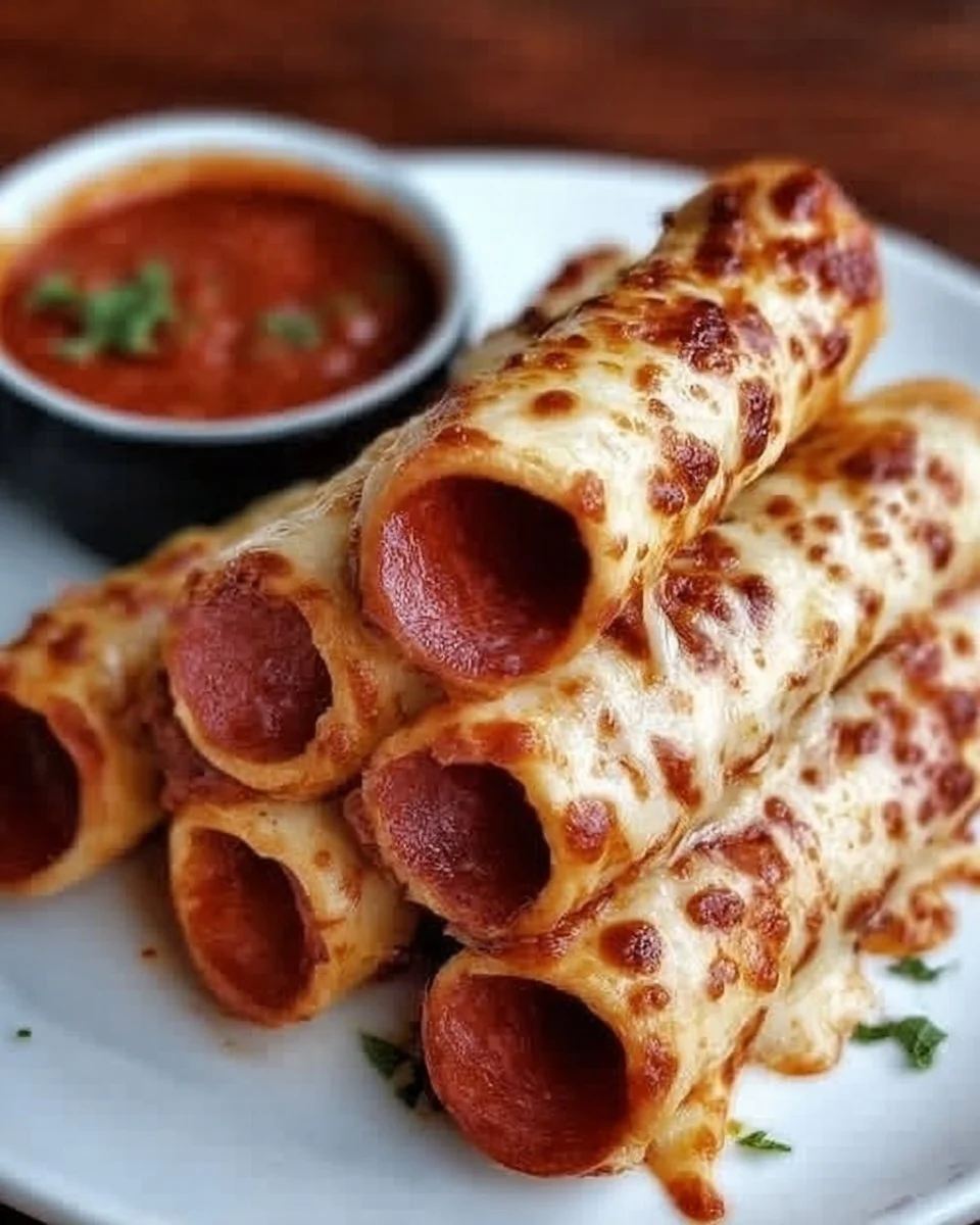 Cheesy pepperoni pizza roll ups served on a plate with marinara sauce for dipping.