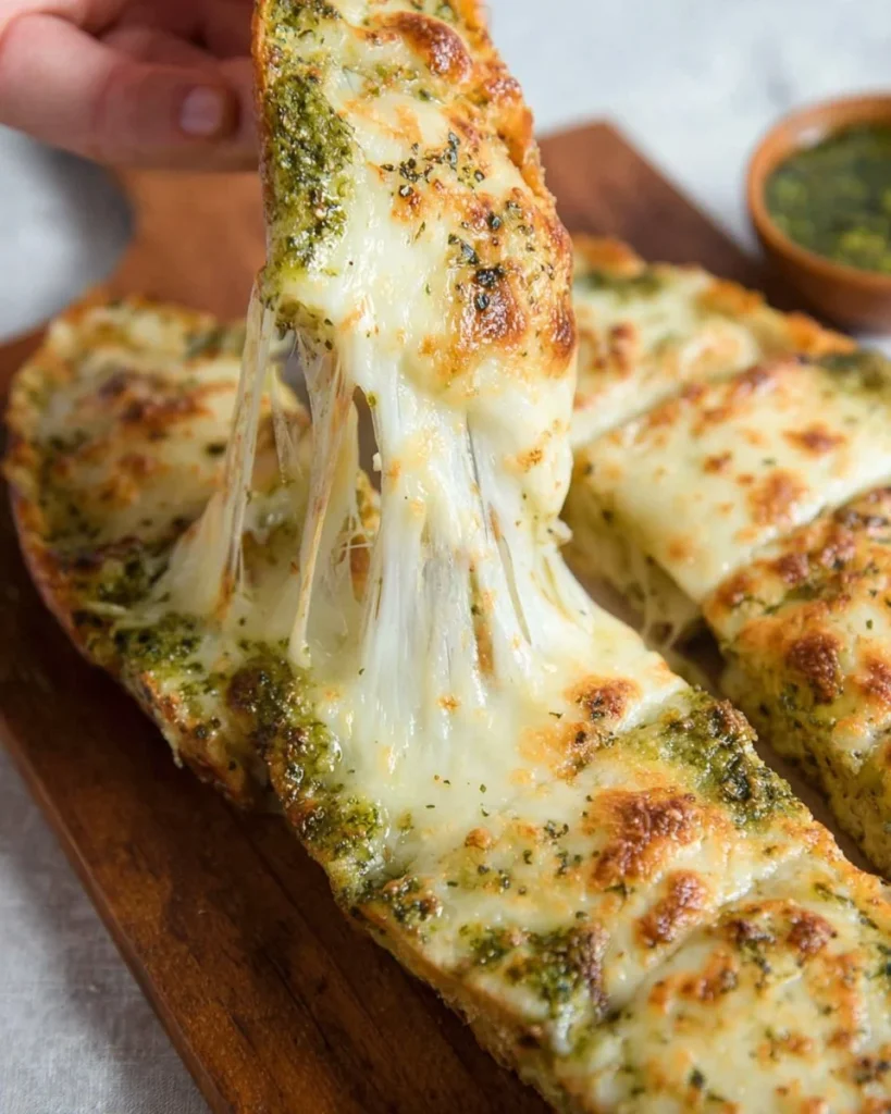 Cheesy pesto garlic bread with melted cheese and fresh herbs.