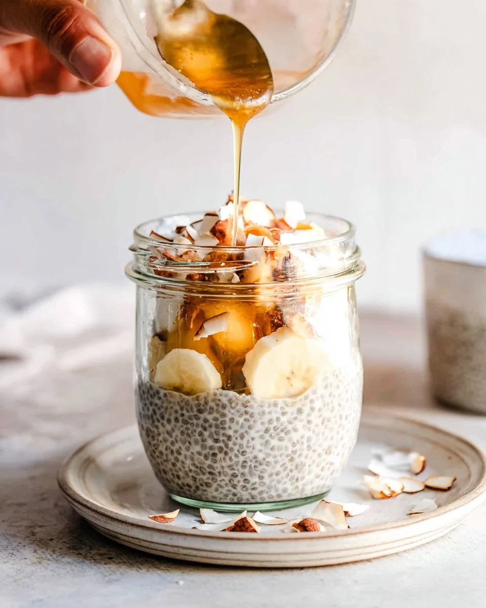 Chia pudding made with coconut milk served in a bowl, topped with fruits.