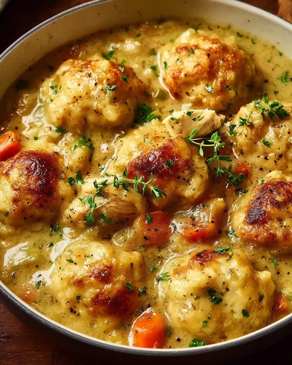 Heart-healthy chicken and dumplings served in a bowl with fresh herbs.