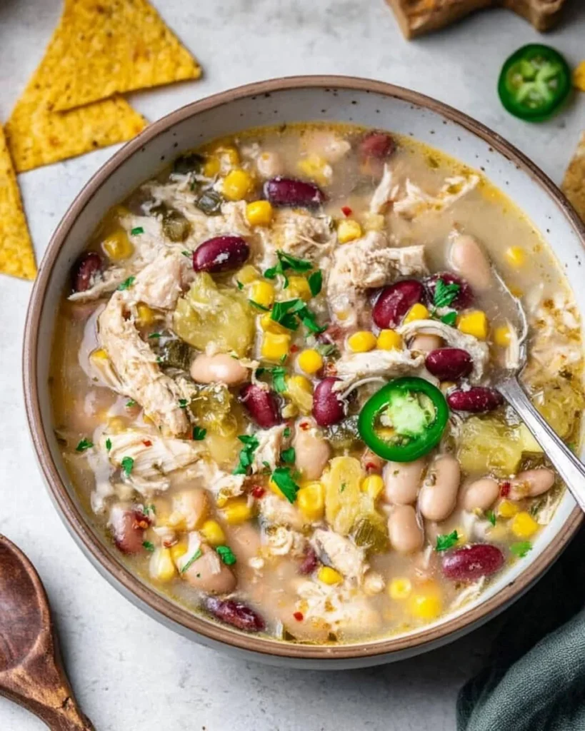 Delicious chicken chili soup recipe high in protein and perfect for meal prep.