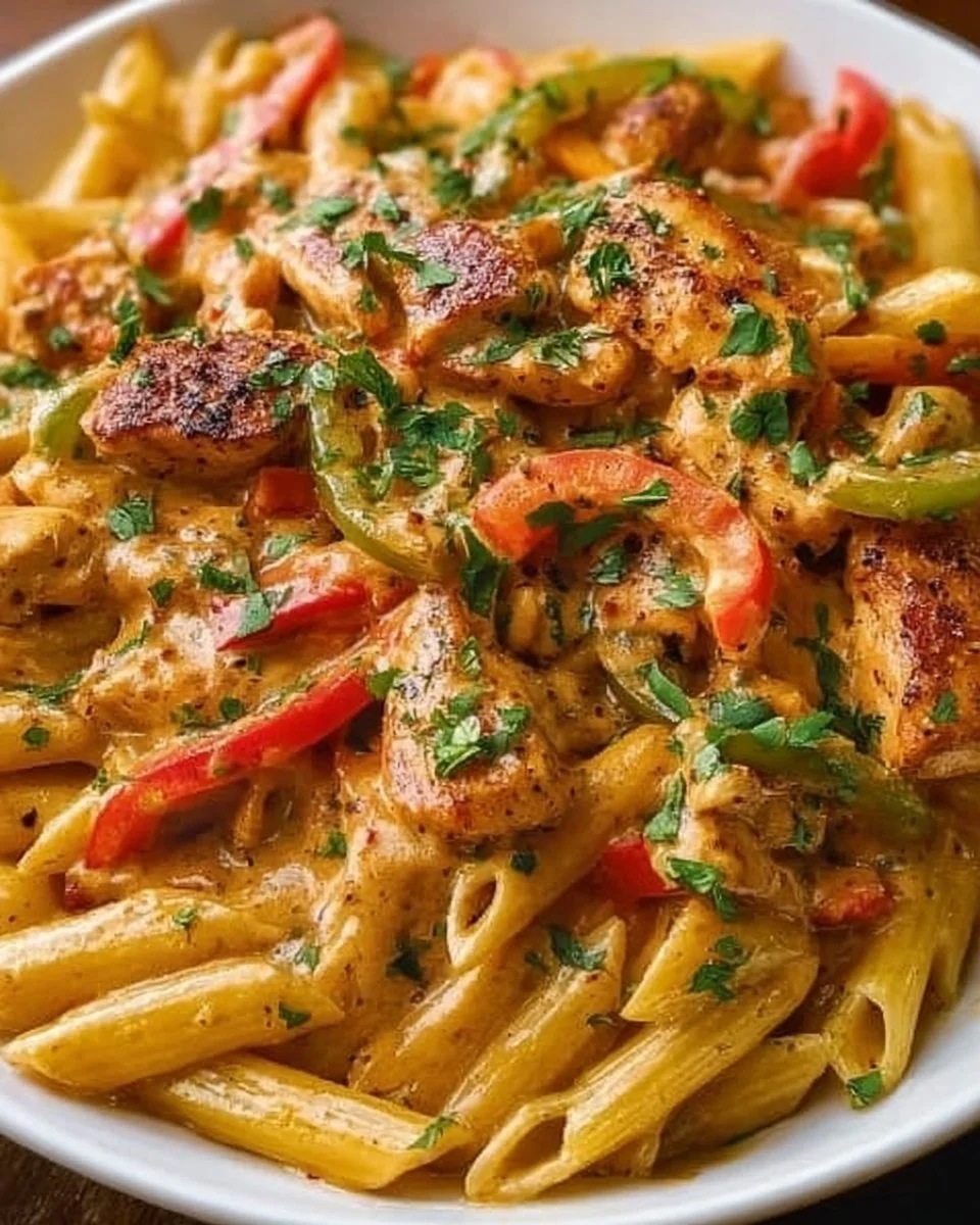A vibrant plate of Chicken Fajita Pasta topped with colorful peppers and spices.