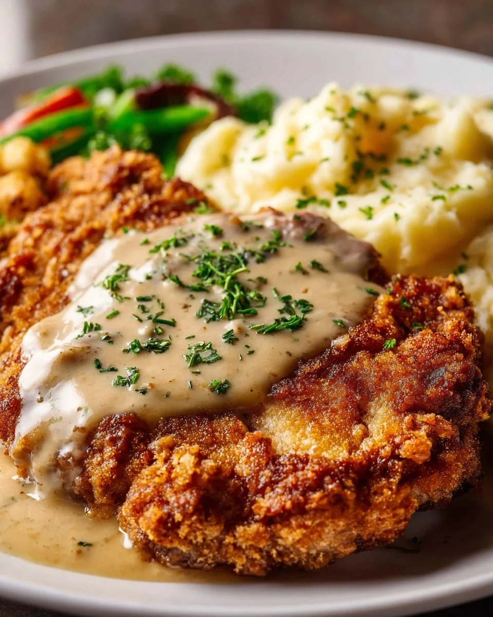 Plate of crispy chicken fried steak with gravy and sides