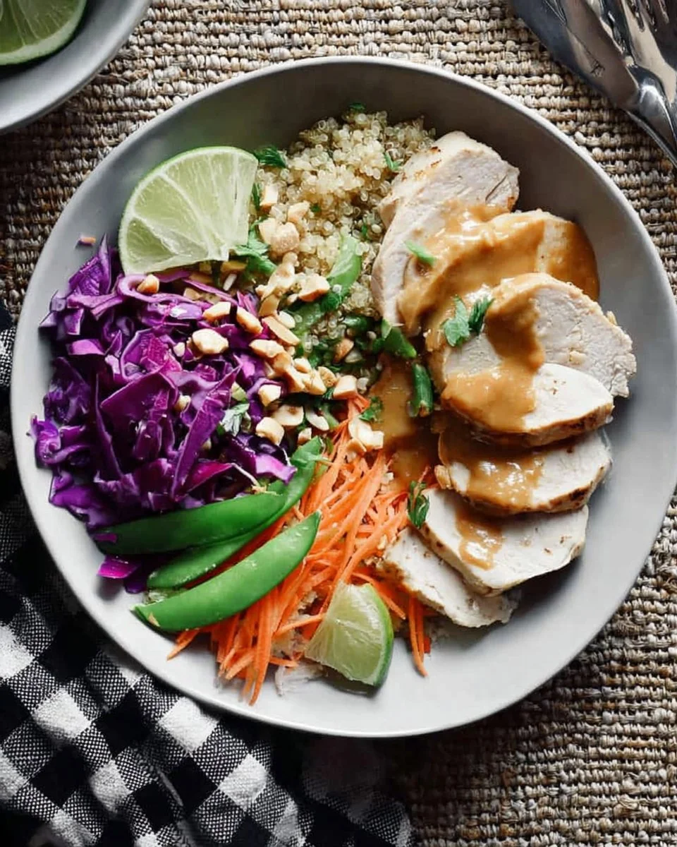 Delicious chicken quinoa bowl with vegetables and dressing