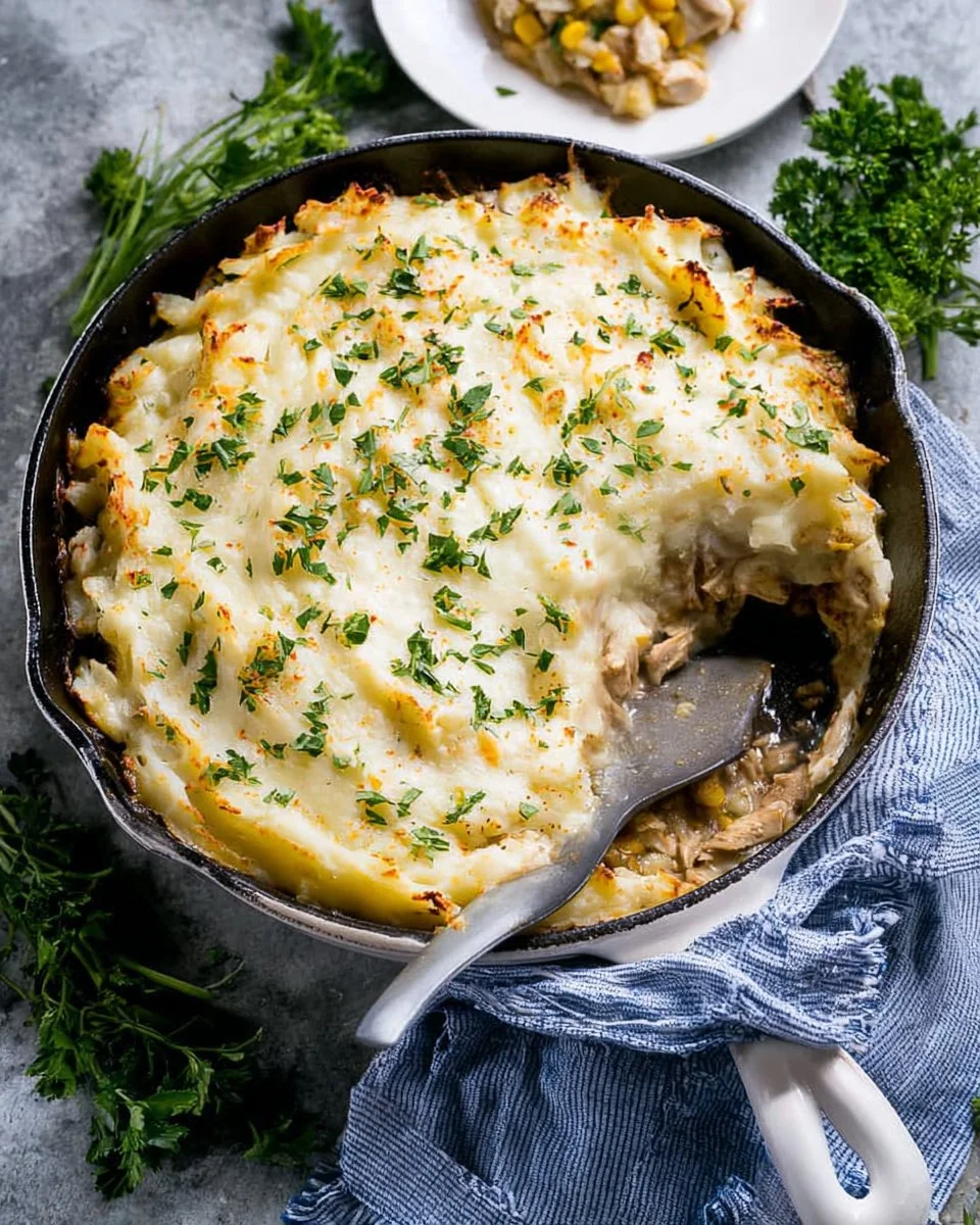 Delicious Chicken Shepherd's Pie with golden mashed potatoes on top