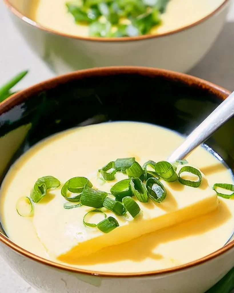 Fluffy Chinese steamed eggs served in a bowl, garnished with green onions.