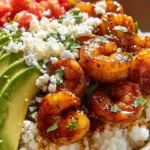 Chipotle Honey Shrimp Bowl with shrimp, rice, and fresh toppings