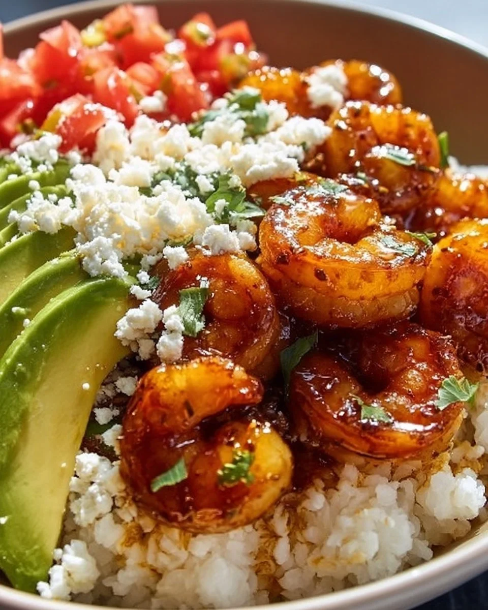 Chipotle Honey Shrimp Bowl with shrimp, rice, and fresh toppings