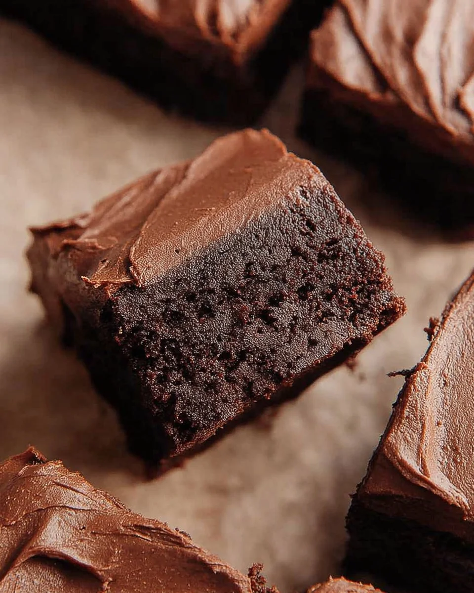 Delicious chocolate brownies with cream cheese frosting on a white plate