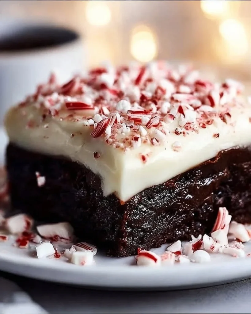 Chocolate Candy Cane Cheesecake Cake topped with festive peppermint
