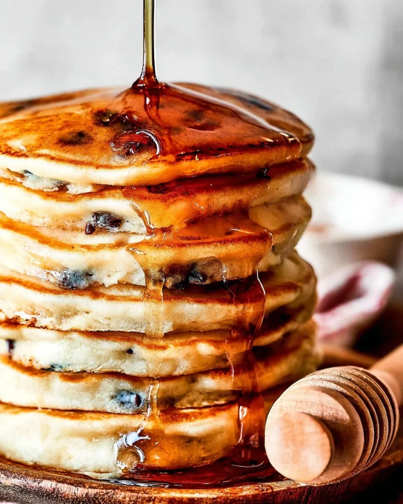 Delicious chocolate chip pancakes served on a plate with syrup