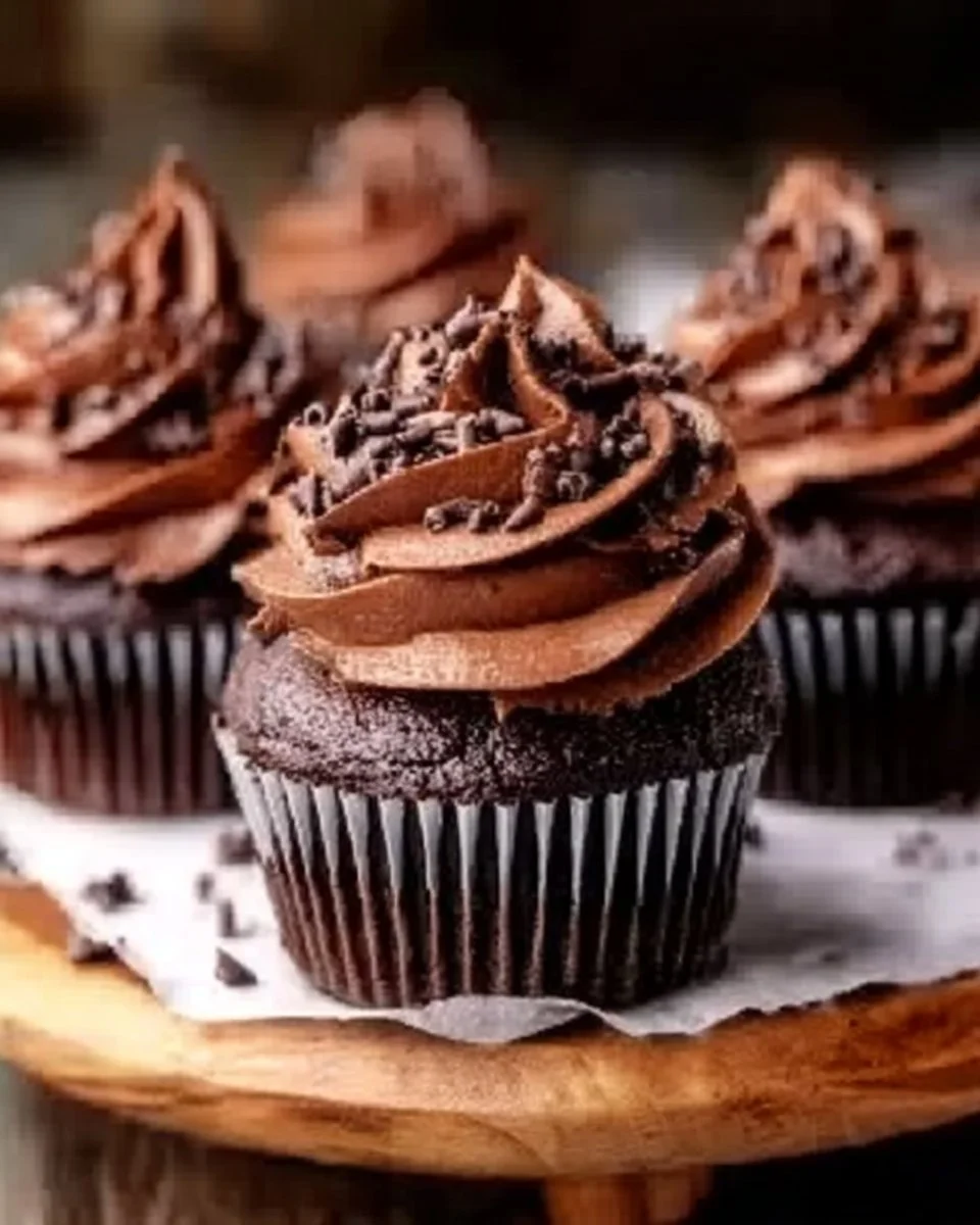 Decadent chocolate cupcakes topped with creamy frosting