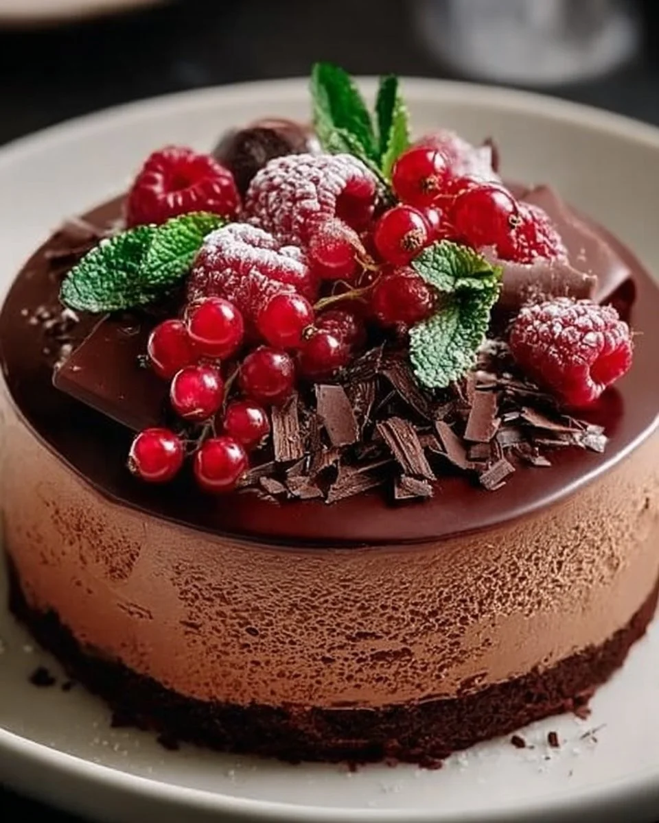Decadent Chocolate Mousse Cake with a rich chocolate glaze.
