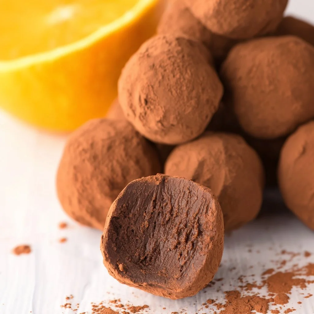 Homemade chocolate orange truffles on a decorative plate