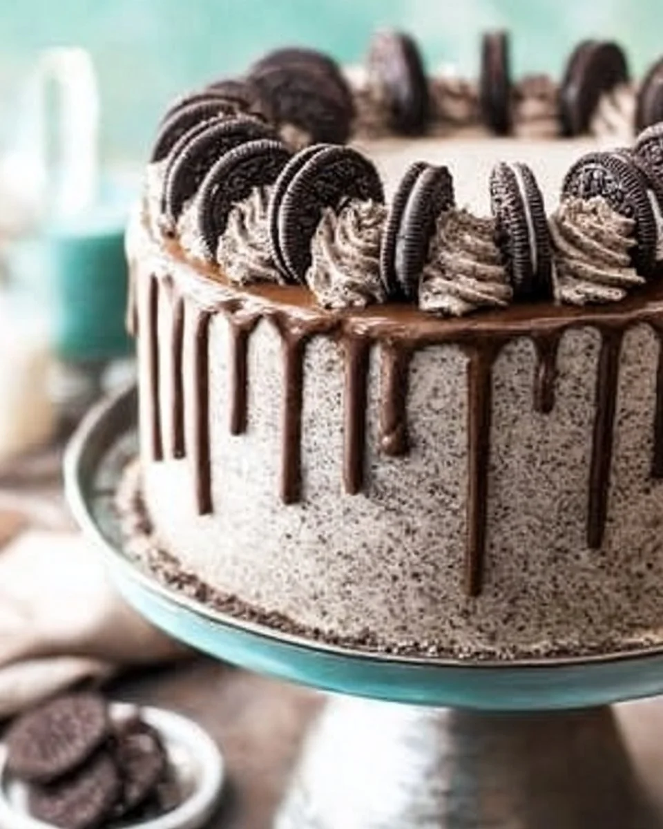 Delicious slice of Chocolate Oreo Cake topped with crushed Oreos and chocolate frosting.