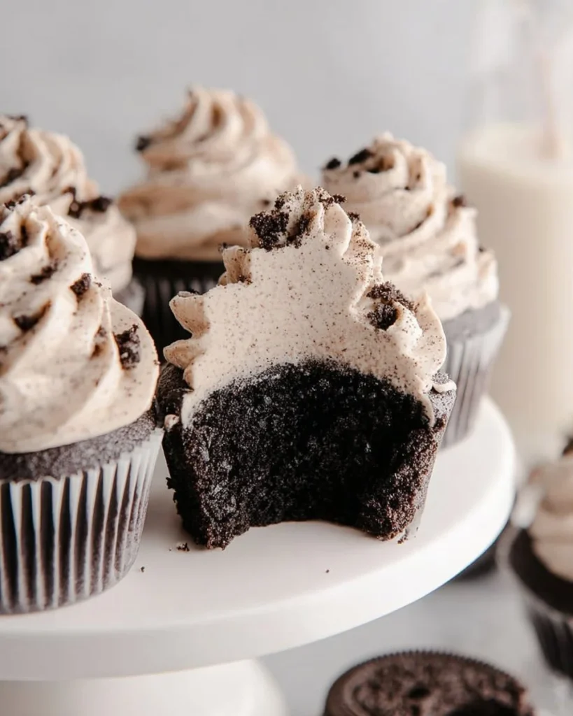Delicious Chocolate Oreo Cupcakes topped with cream and Oreo chunks