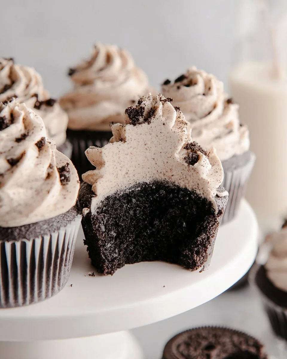 Delicious Chocolate Oreo Cupcakes topped with cream and Oreo chunks