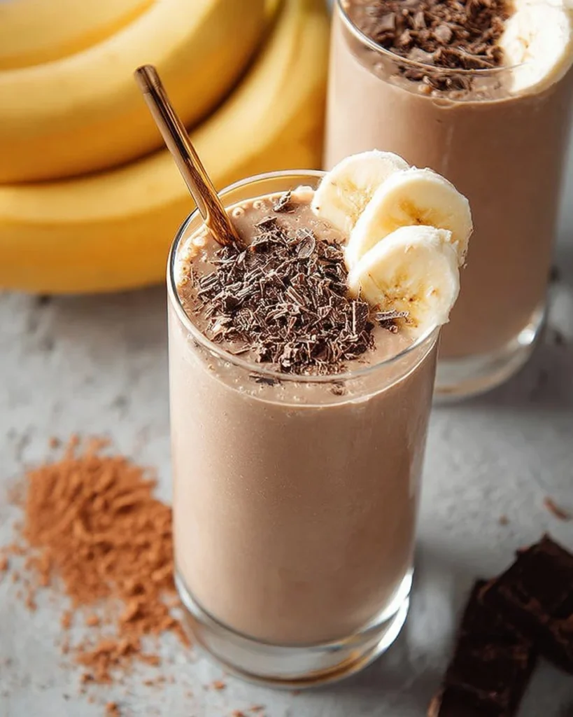 Delicious homemade chocolate protein shake in a glass with chocolate sprinkle topping