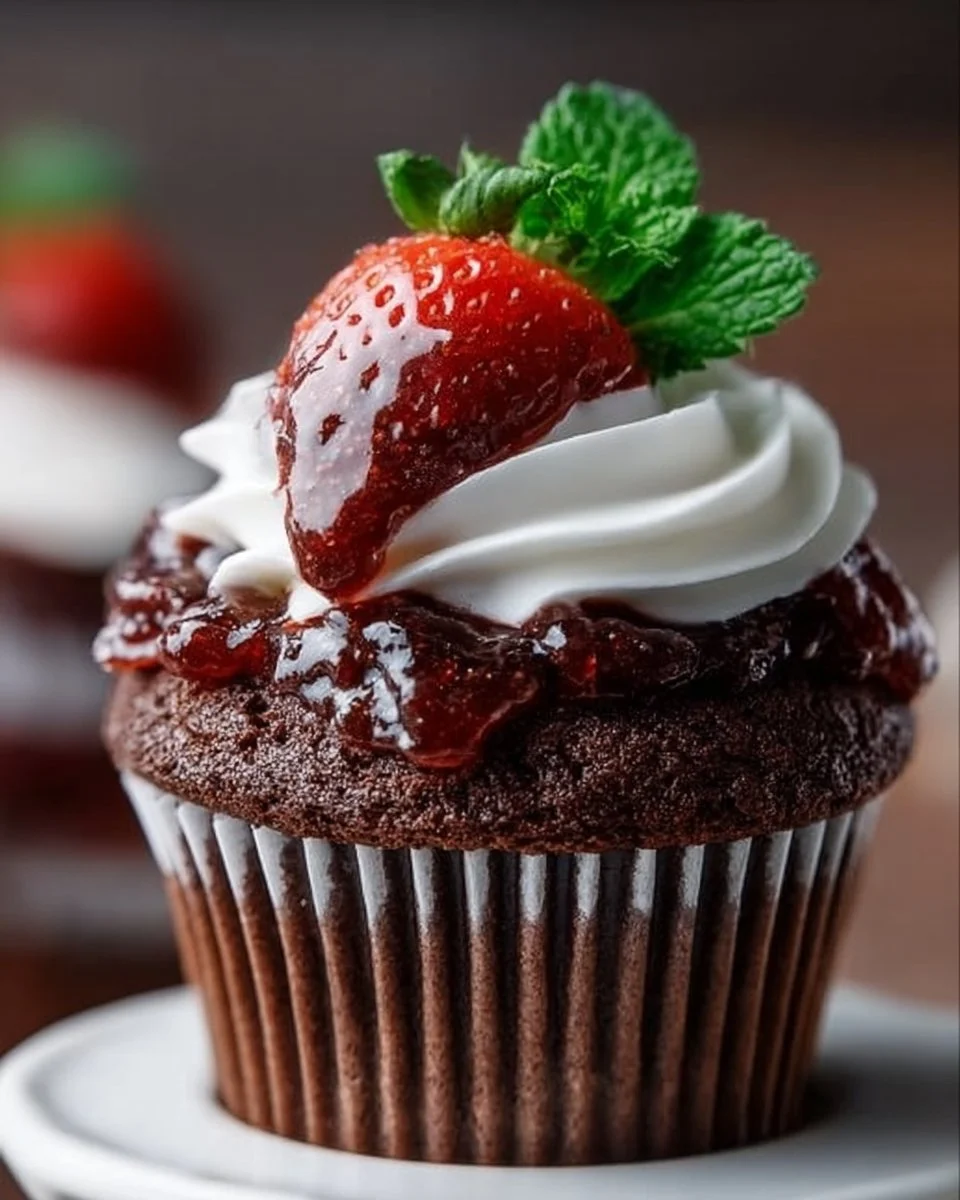 Chocolate strawberry jam cupcakes topped with fresh strawberries and chocolate frosting.