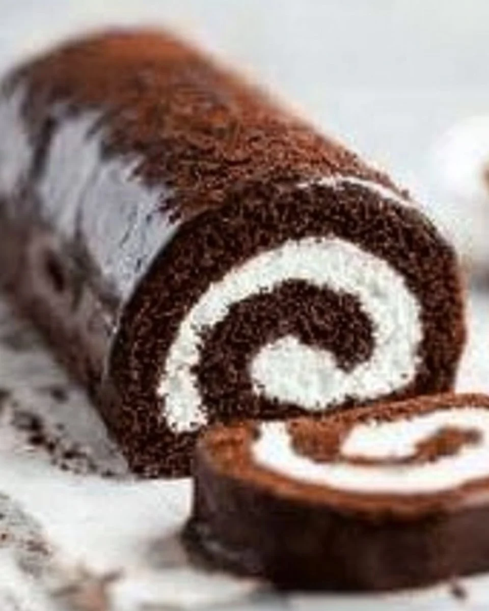 Delicious chocolate Swiss roll dessert with cream filling