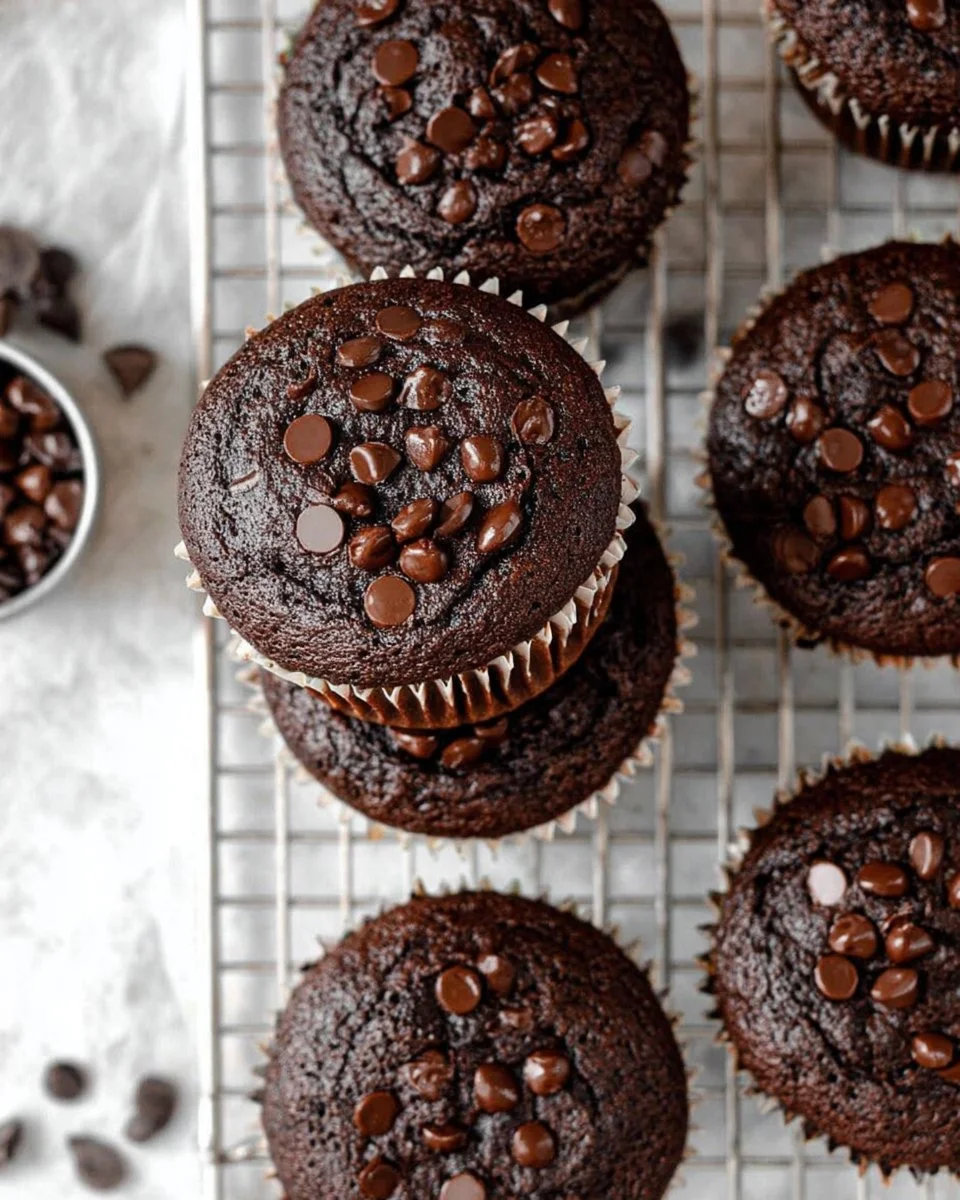 Delicious chocolate zucchini muffins cooled on a wire rack.