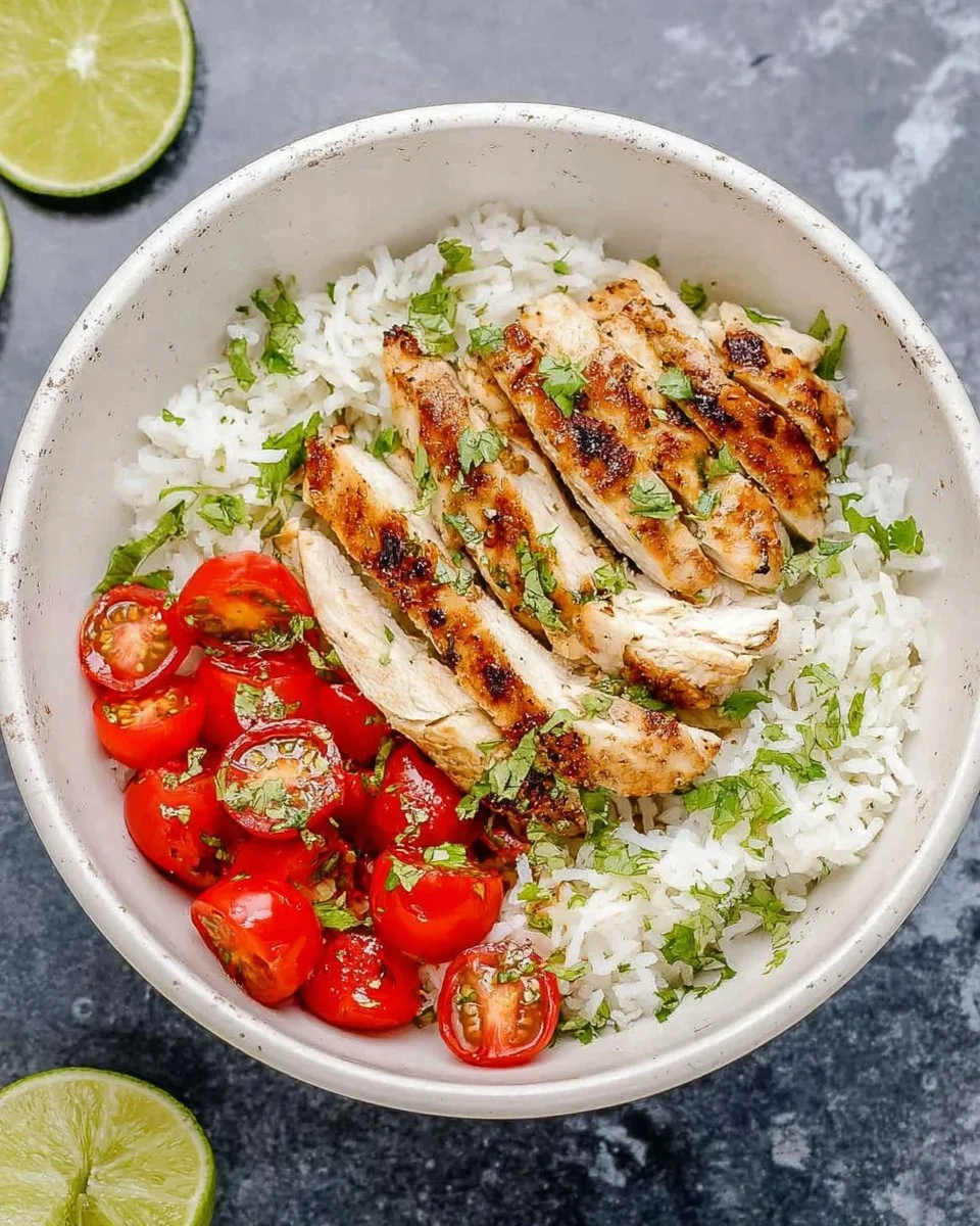 Healthy cilantro lime chicken rice bowl with fresh vegetables