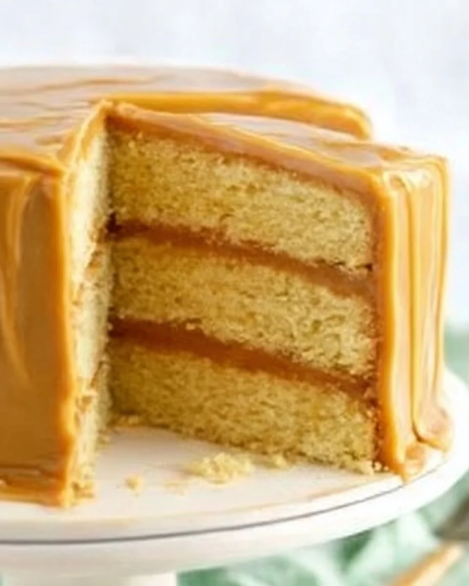 Delicious classic Southern caramel cake with rich caramel frosting