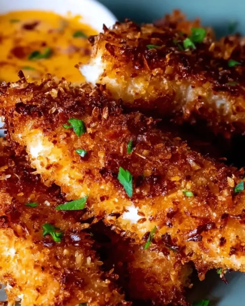 Coconut chicken served with Bang Bang sauce on a plate.