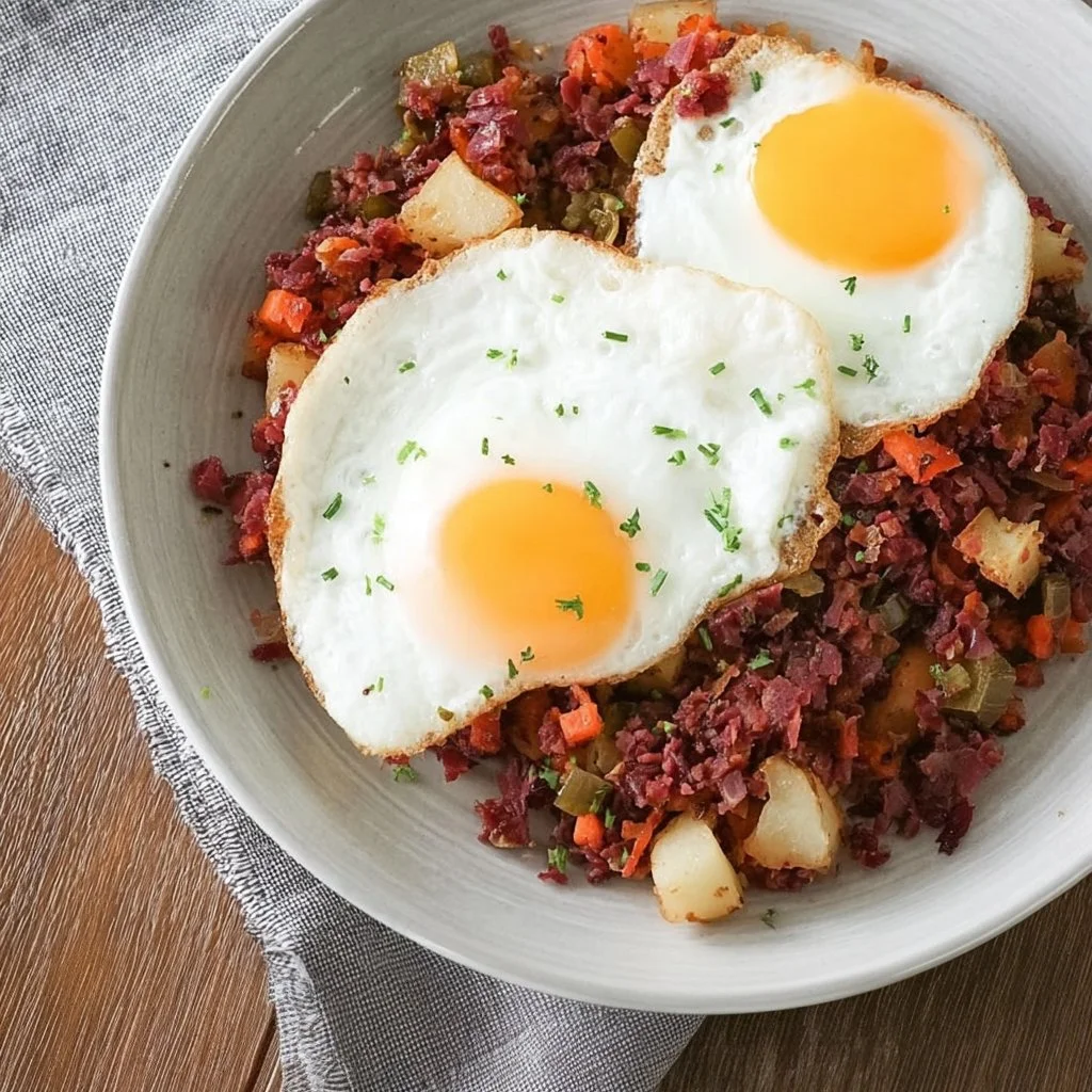 Delicious serving of corned beef hash with potatoes and spices