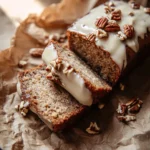 Sliced Cottage Cheese Banana Bread on a wooden board with bananas