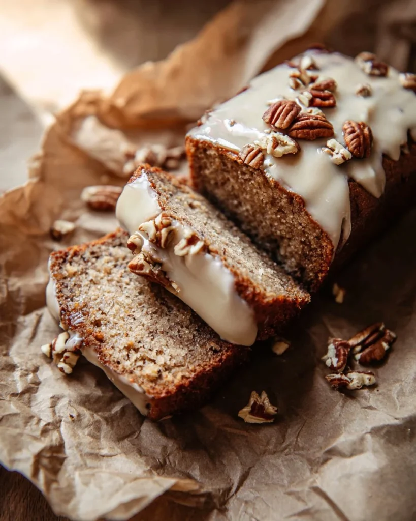 Sliced Cottage Cheese Banana Bread on a wooden board with bananas