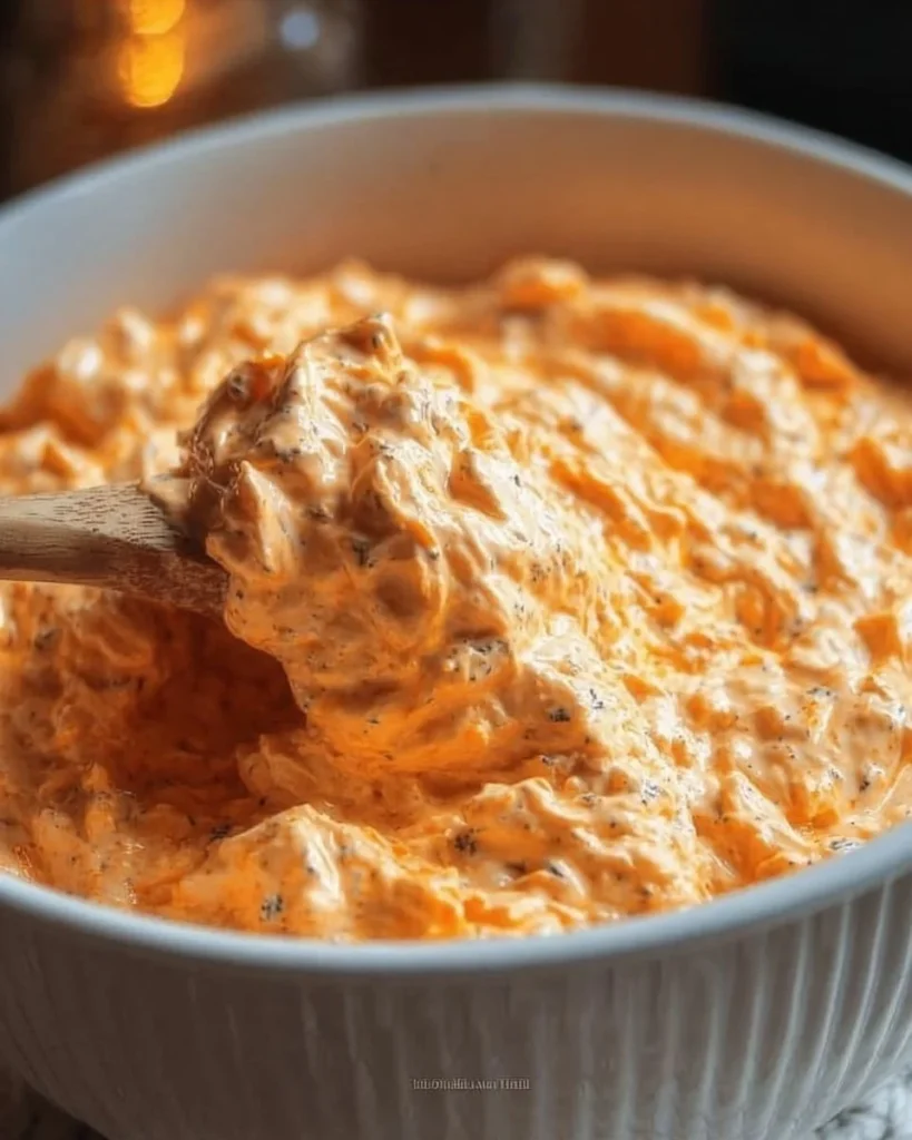 Creamy cottage cheese buffalo chicken dip in a serving bowl