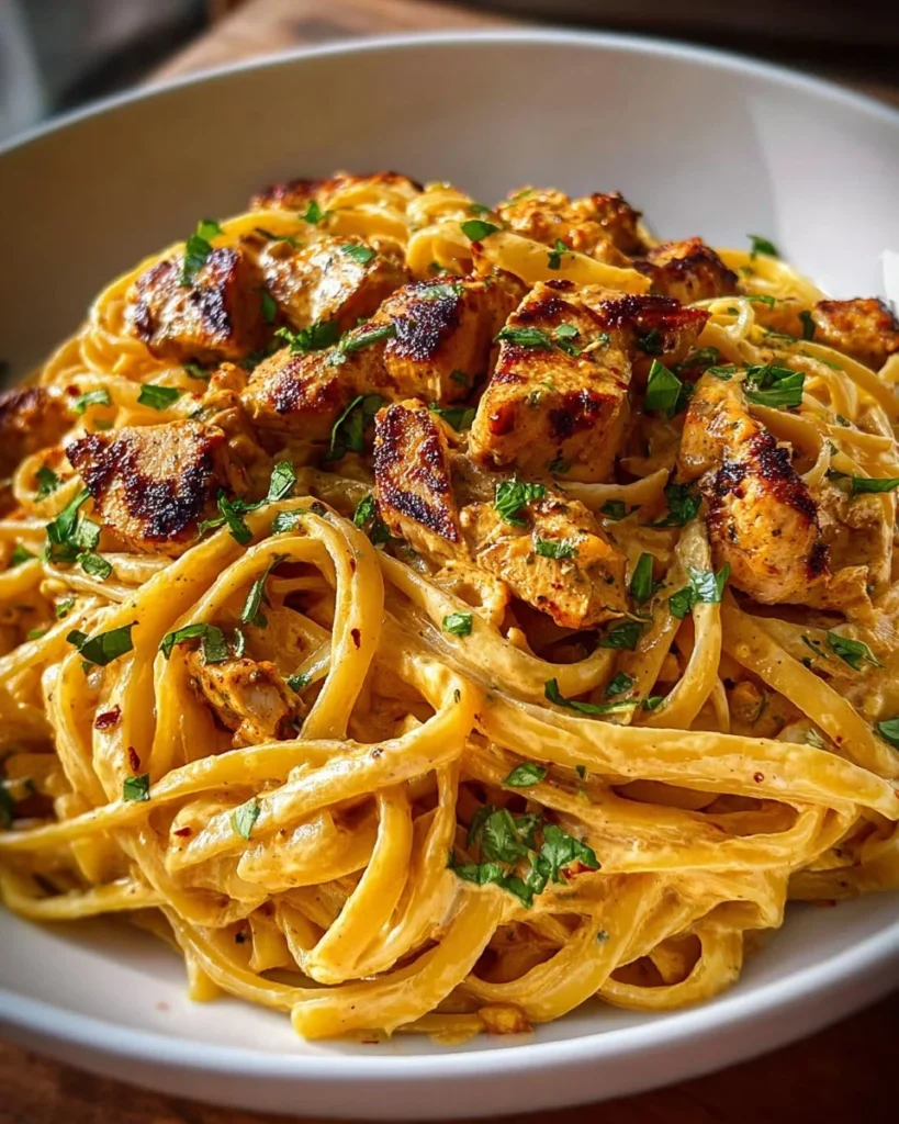 Delicious Cowboy Butter Chicken Linguine served in a bowl