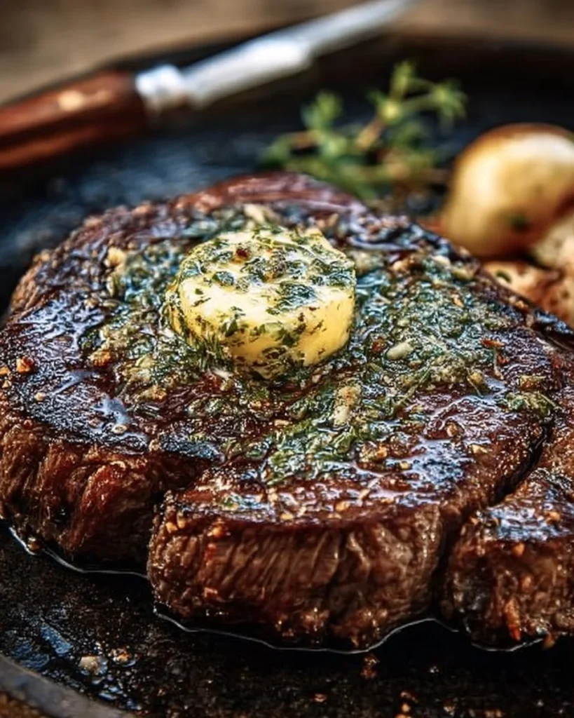 Delicious Cowboy Butter Steak served with creamy herb butter on a plate