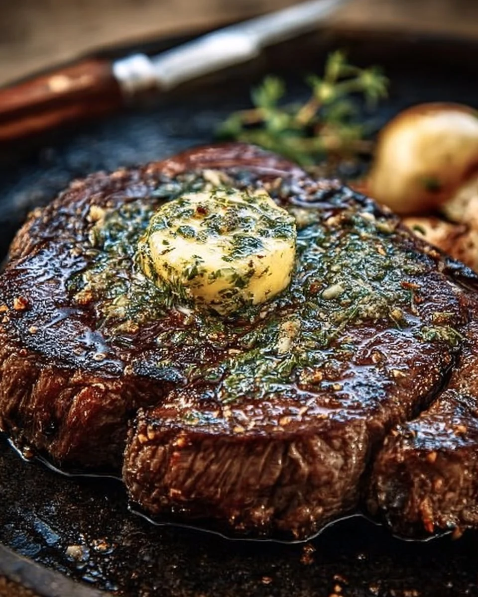 Delicious Cowboy Butter Steak served with creamy herb butter on a plate