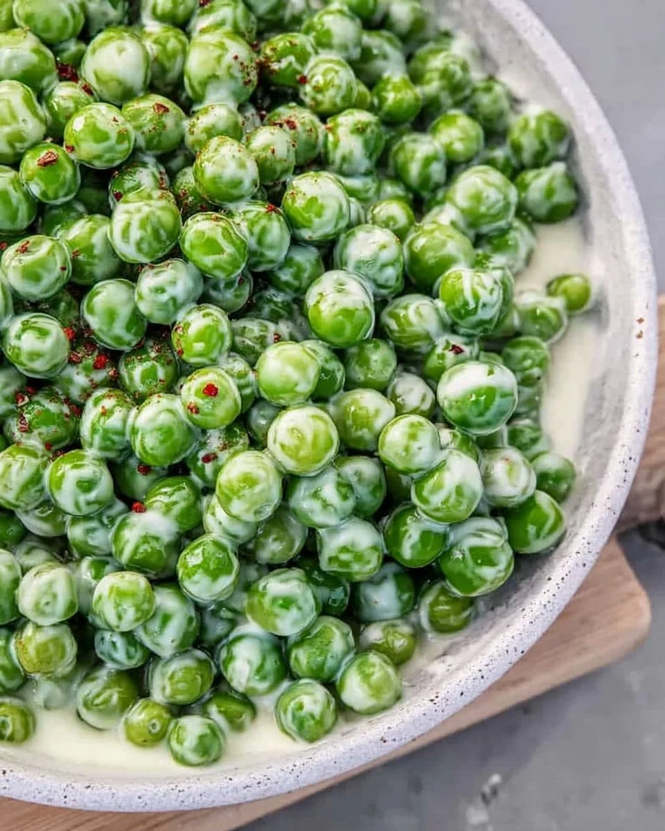 Delicious bowl of creamed peas served as a side dish